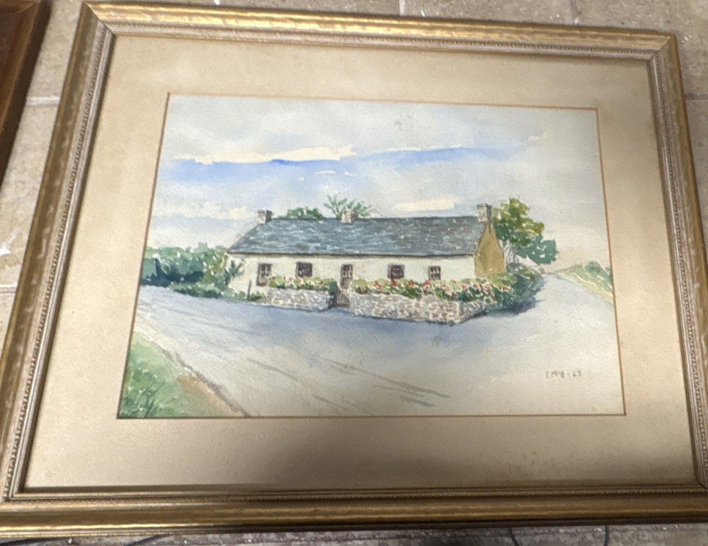LMB Watercolor Cottage Landscape Painting 1963 Signed Matted & Framed