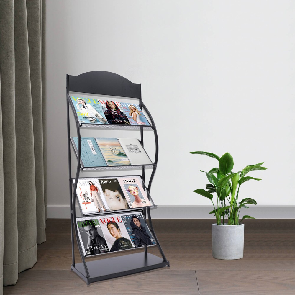 4 Tier Floor-Standing Large Capacity Grid Design Magazine Display Stand Rack