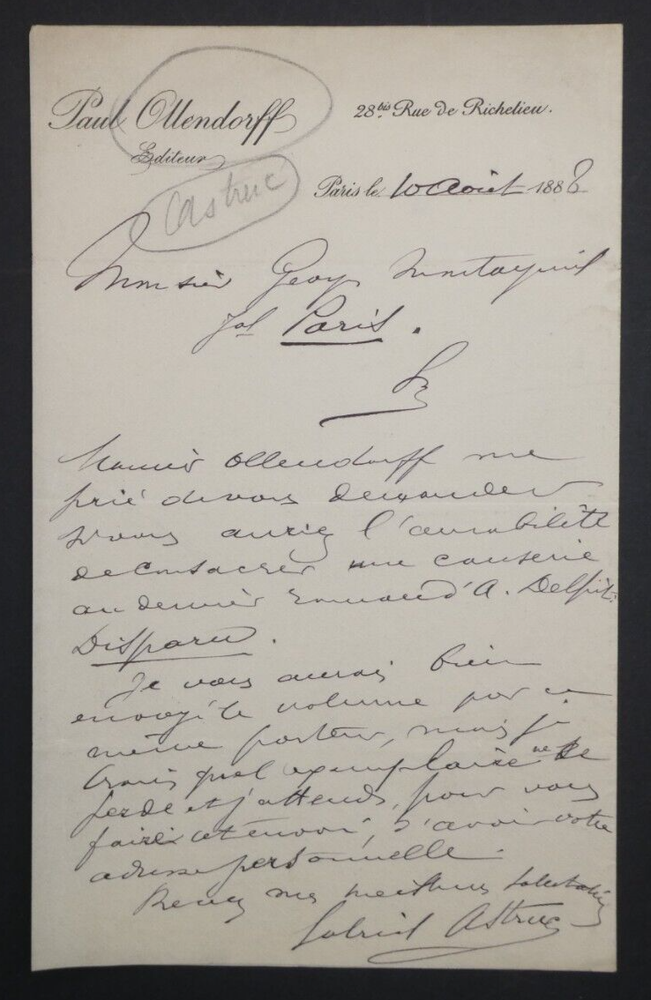 Gabriel ASTRUC, Journalist - SIGNED AUTOGRAPH LETTER, Paris, 1888