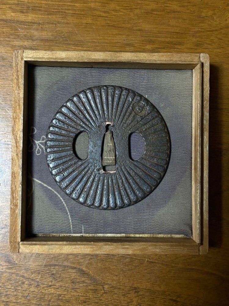 Iron Tsuba Radial Carving with 2 Slots Antique Round Japanese Sword Guard Used