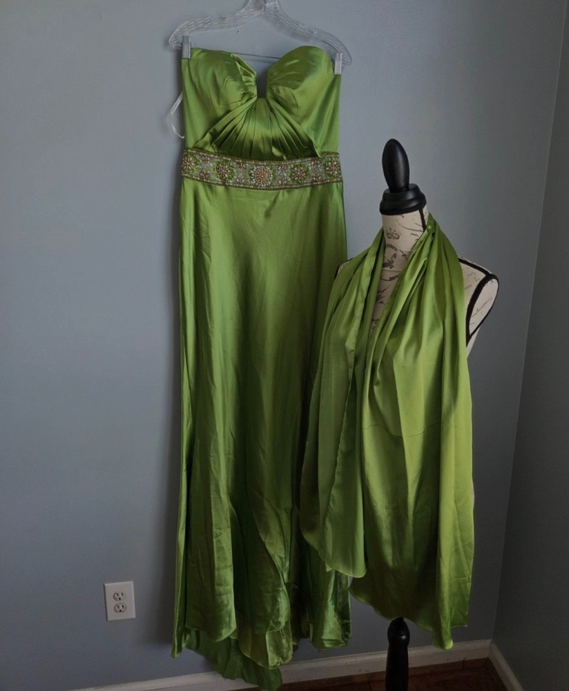 Vtg Terani Couture Women Formal Evening Gown Green Embellished Full Length Sz 14