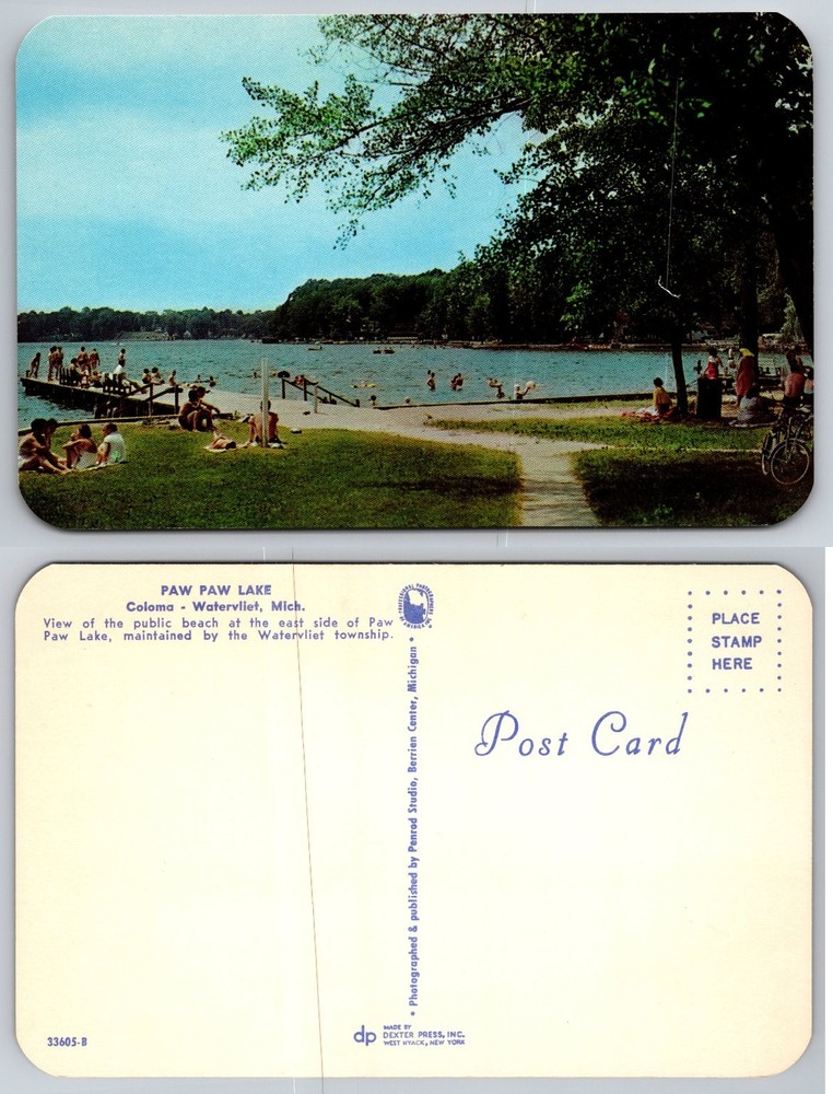 Vintage Paw Paw Lake Beach Postcard Coloma Watervliet Michigan Dexter Press