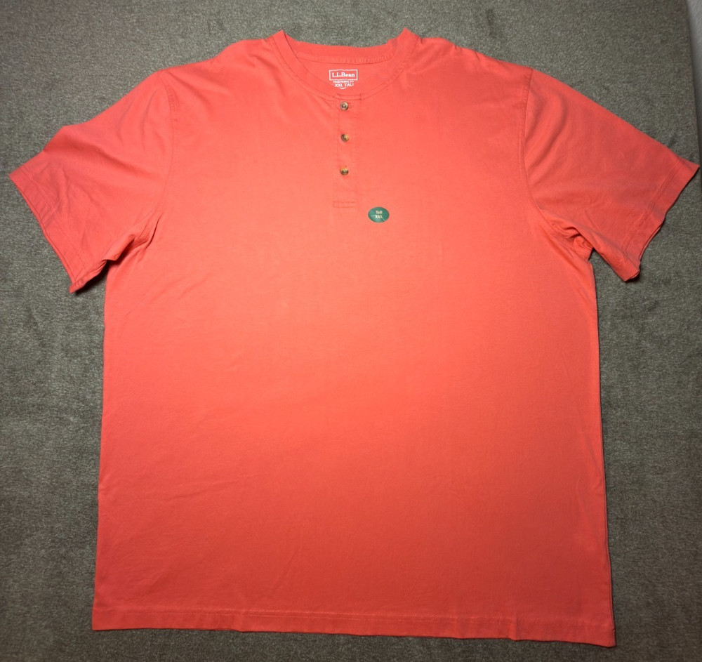 L.L. Bean Mens XXL Tall Henley Shirt Coral Short Sleeve 3-Button 100% Cotton