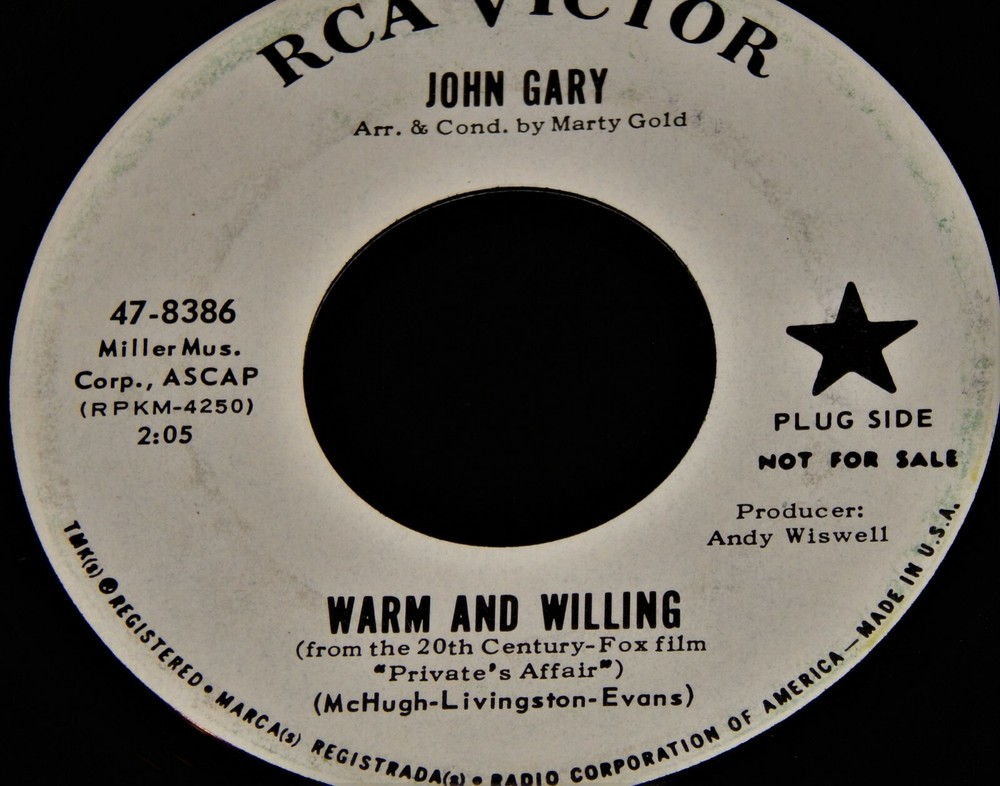 Vintage Record,JOHN GARY: WARM & WILLING AND FRIEND & LOVER,PROMO,45rpm,1964,Pop