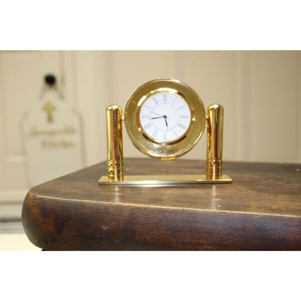 Vintage Brass Desk Clock Rotating Dial Quartz