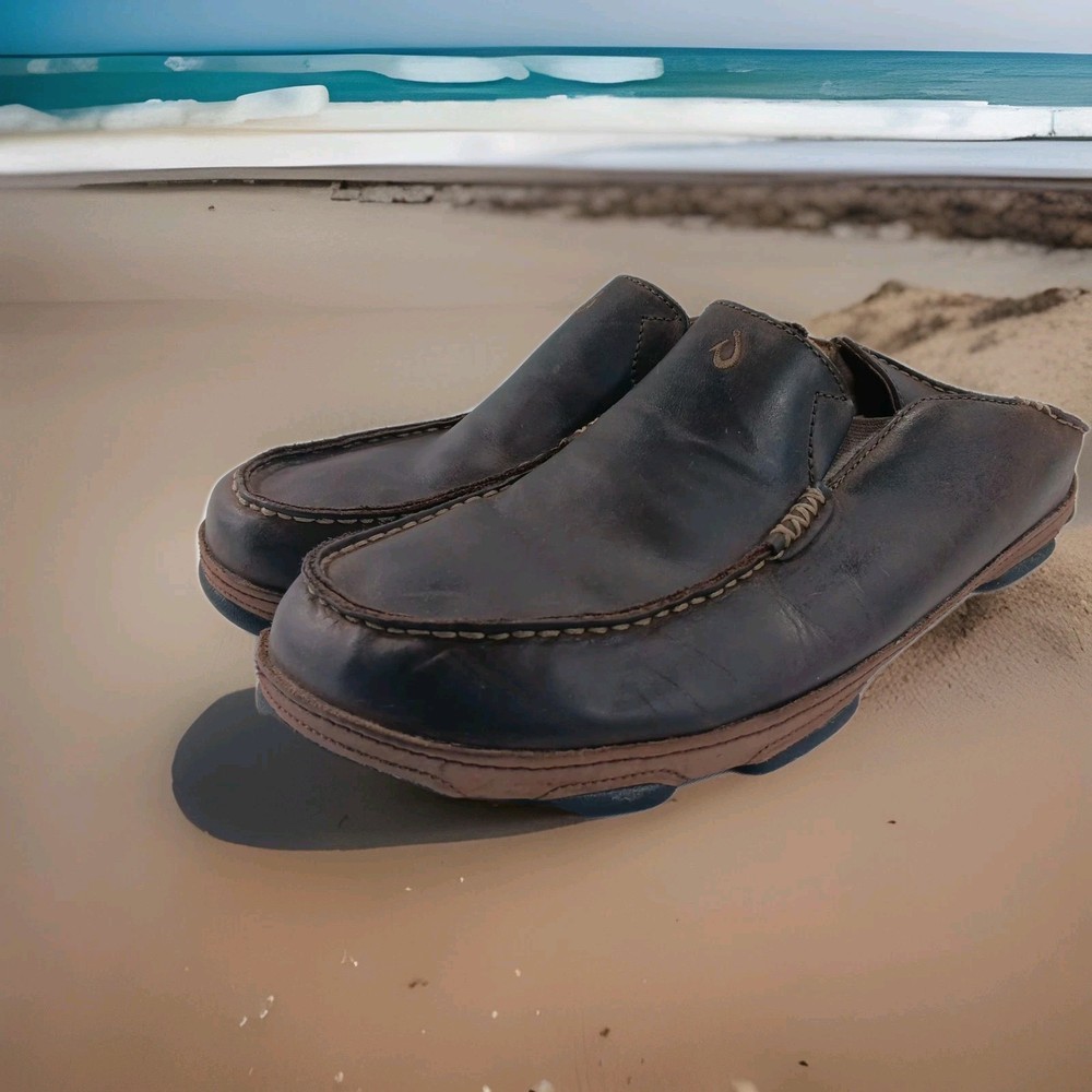 OLUKAI Moloa Mens Size 12 Brown Leather Loafer Mules Slip On Comfort Causal