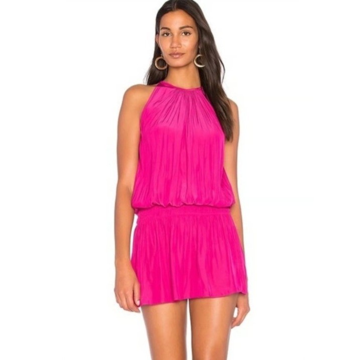 Ramy Brook Hot Pink Paris Smocked Waist Mini Dress Size M