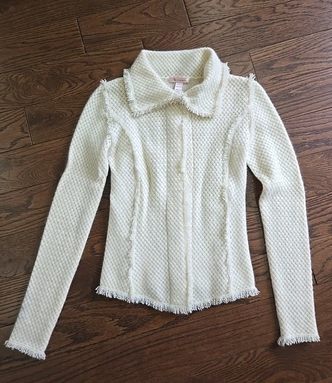Qi Cashmere Cardigan Sweater Women's Cream Basketweave Quiet Luxury Size S (B4)