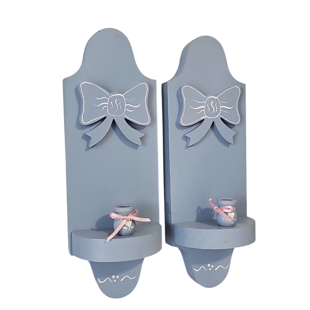 Set Two Vintage Blue Wooden Wall Sconce Candle Holders Cottagecore Coquette