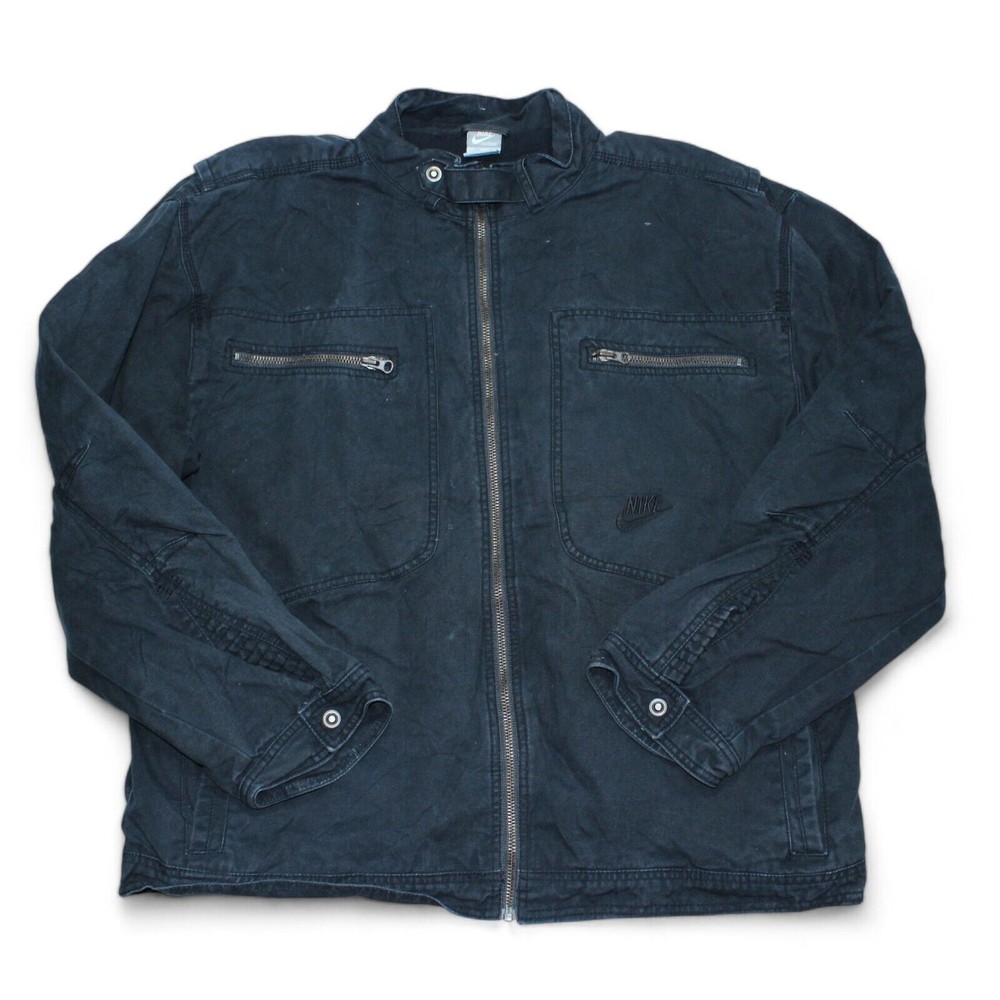 Nike Lona Ropa de Trabajo Estilo Chaqueta Desteñida Negra/Azul Cremallera Completa Y2K Bolsillos con Cremallera