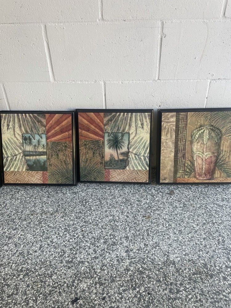 Set of 4 Framed Tropical Palm Tree Print Wall Art, Vertical, Black Frames