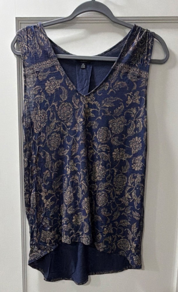 Lucky Brand Navy Beige Floral Pleated V-Neck Sleeveless Tank Top S/P