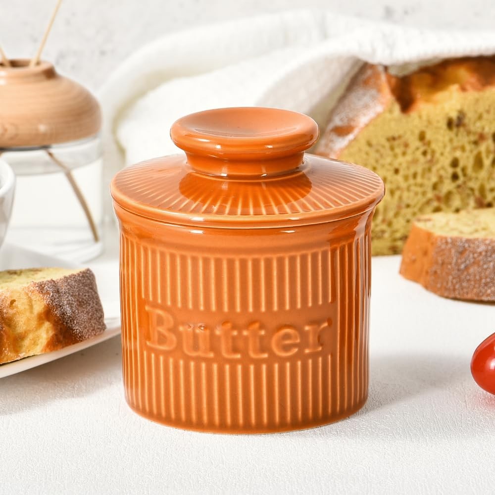 French Butter Crock for Counter with Water Seal, Ceramic French Butter Dish with