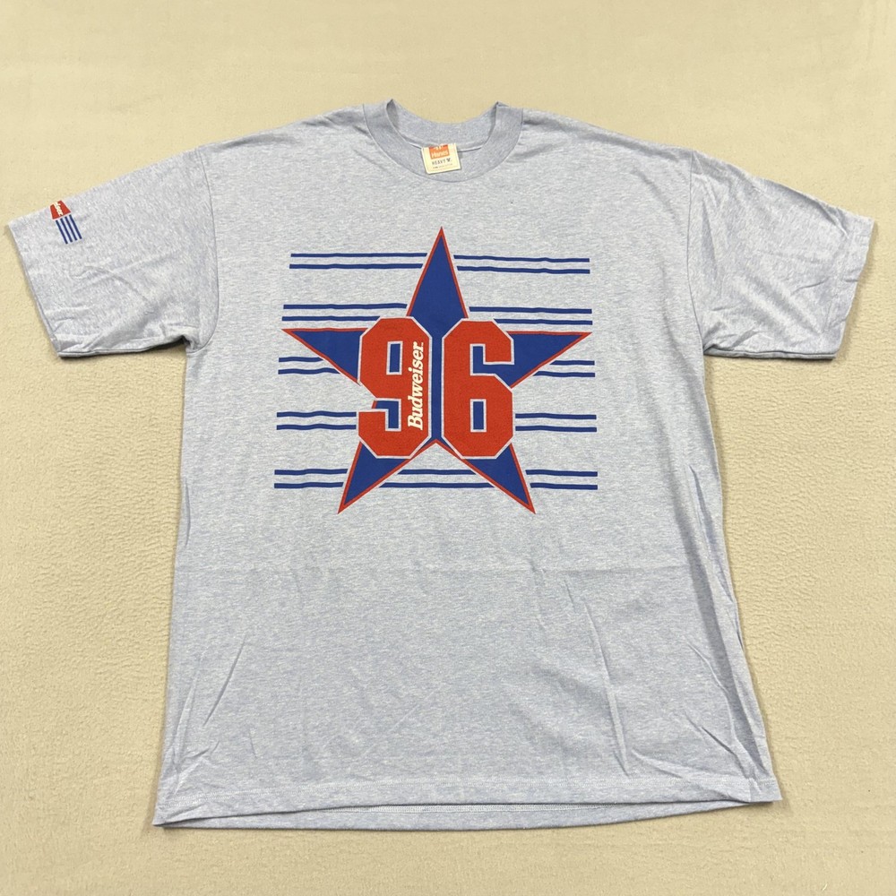 Vintage Budweiser 96 Shirt Mens XL Gray Hanes Heavy-T Beer Graphic Tee 90s