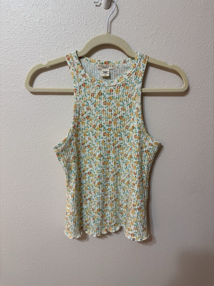 Floral Top Billabong Womens Large Ribbed High Neck Tank White Yellow