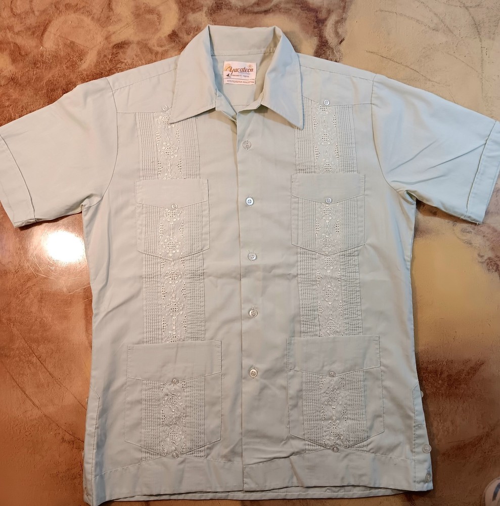 Vintage 70s Yucateca Guayabera Shirt Mens Sz M Green
