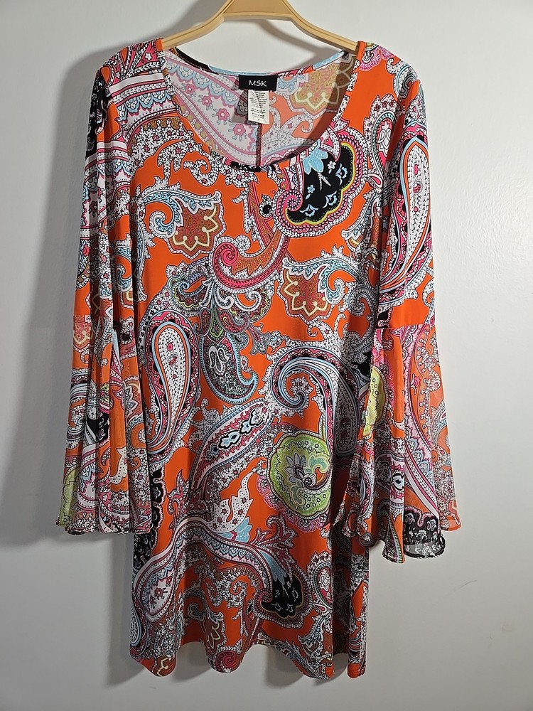 MSK Liquid Knit Orange Paisley Print Dress Size M Bell Sleeve