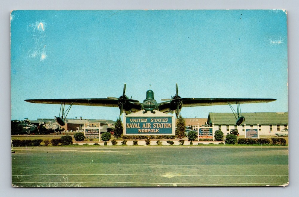 Vintage Norfolk Naval Air Station Postcard with Navy Mariner Seaplane