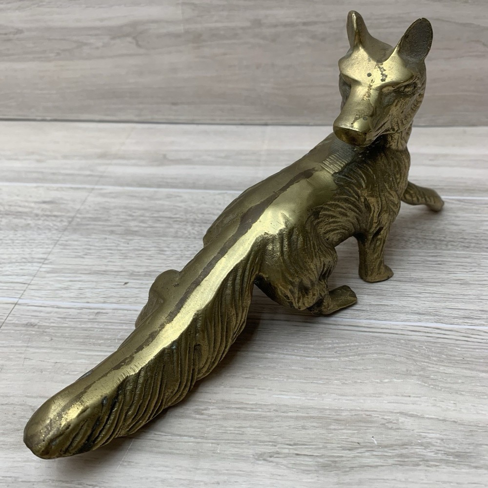 Vintage 1950s Heavy Brass Casting Fox Statue Figurine Sculpture Office Decor MCM