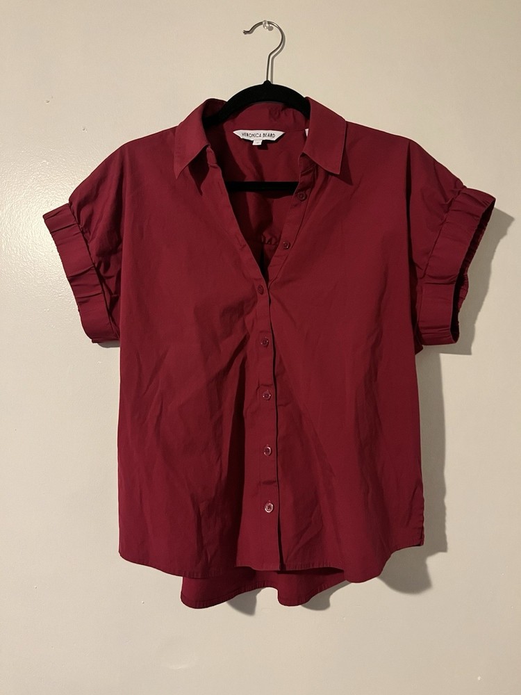 Veronica Beard Red Puff Sleeve Button Up Top Size 10 EUC