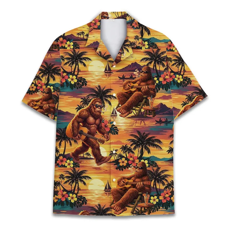Funny Bigfoot Tropical Sasquatch Hawaiian Shirt Men Summer Beach Aloha