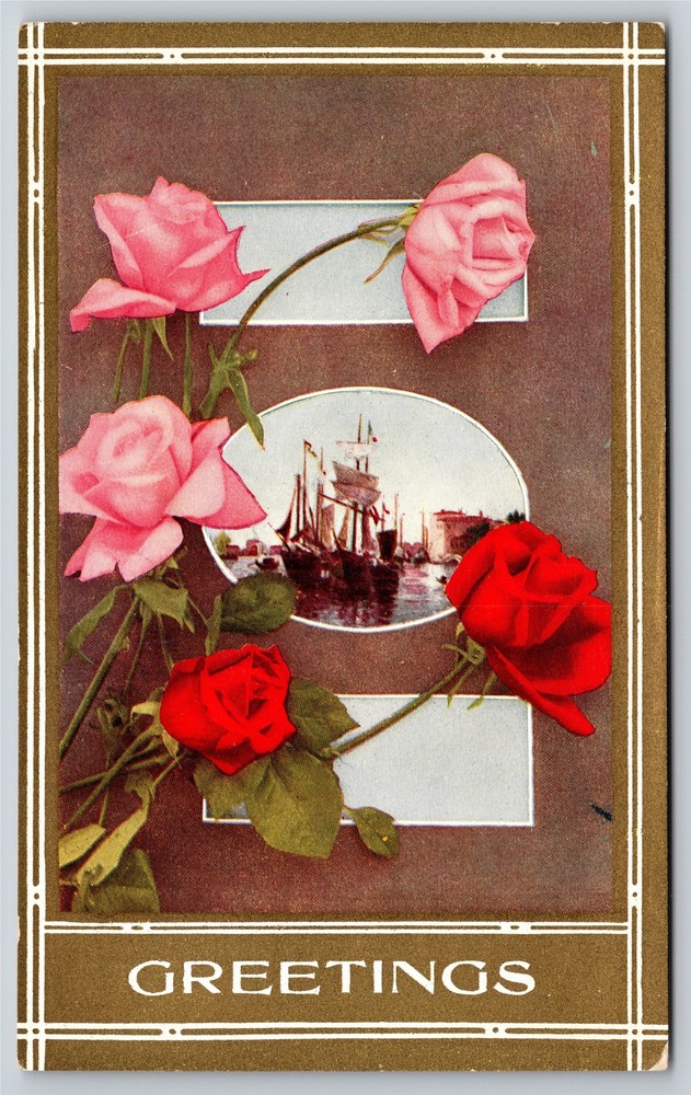Greetings~Red Flowers Sailboat In Circle & Greeting~Vintage Postcard