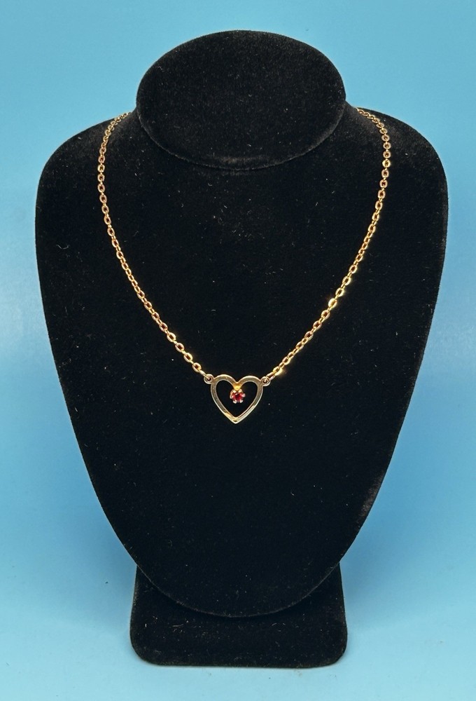 Vintage Avon Signed Gold Tone Heart Pendant With Red Stone