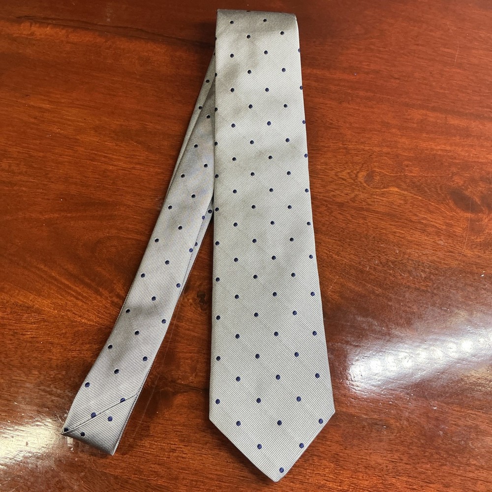 Brooks Brothers Mens 100% Silk Necktie Silver Gray Navy Polka Dot Made In Italy