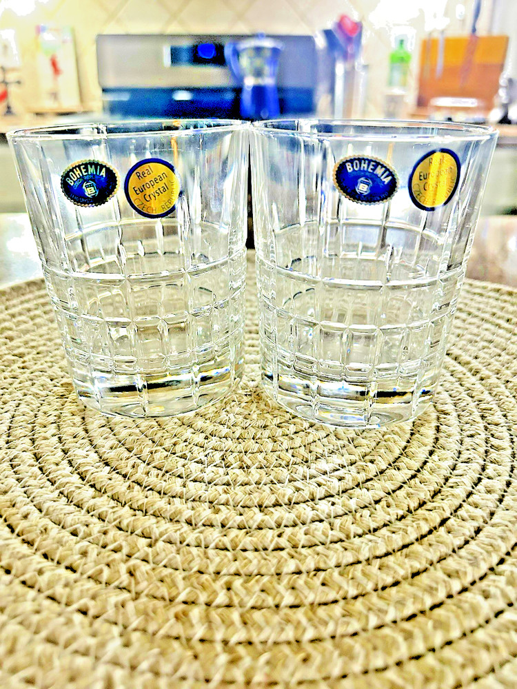 2 Crystal Bohemia Triple Old Fashioned Crystal Whiskey Glasses Czech Republic