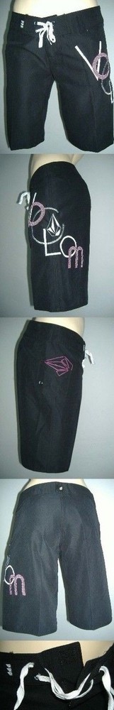 New Junior Womens 3 VOLCOM Miss Mod Surf Swim Board Shorts Black Pink MSRP $42