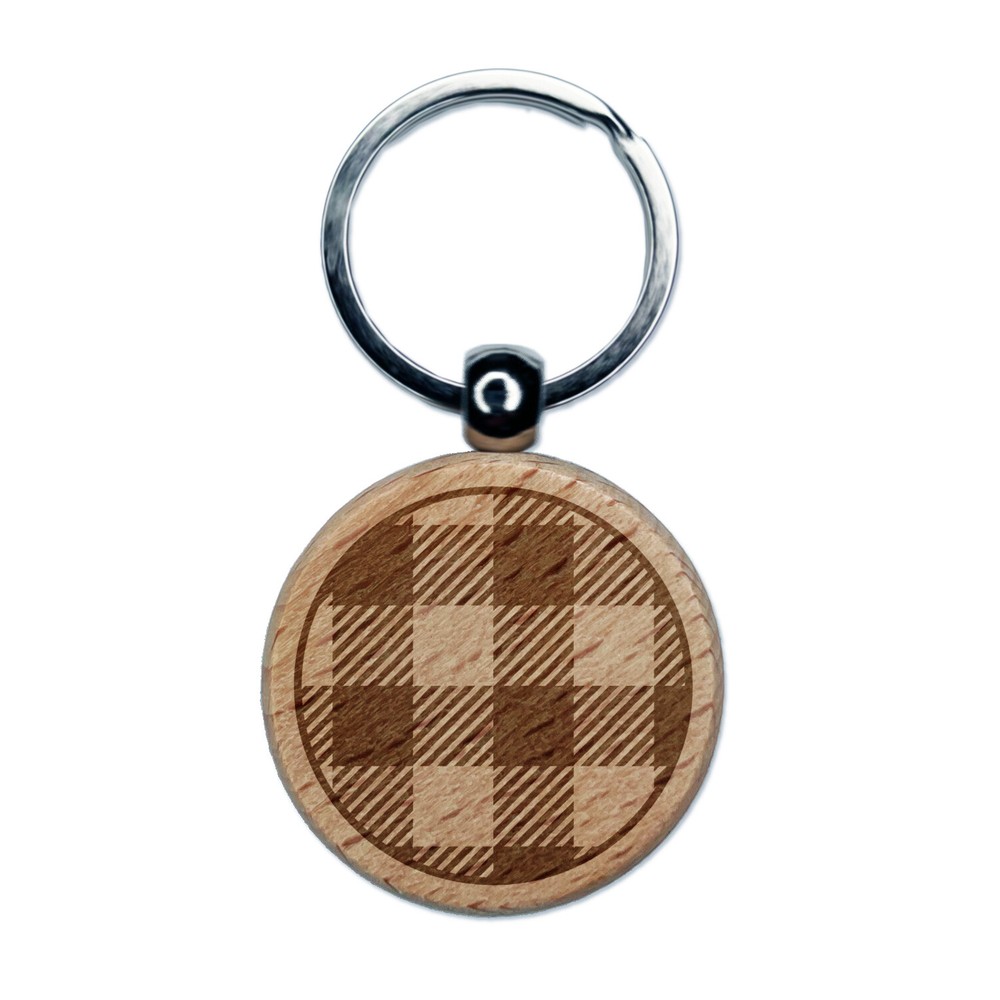 Buffalo Plaid Pattern Engraved Wood Round Keychain Tag Charm