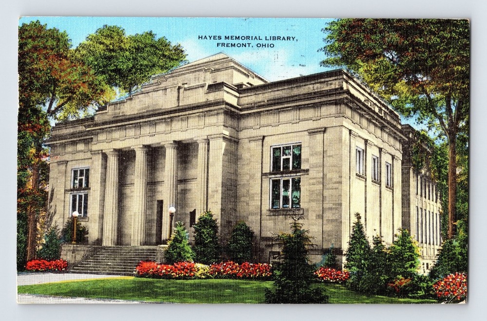 Vintage Hayes Memorial Library Fremont Ohio Linen Postcard 1954