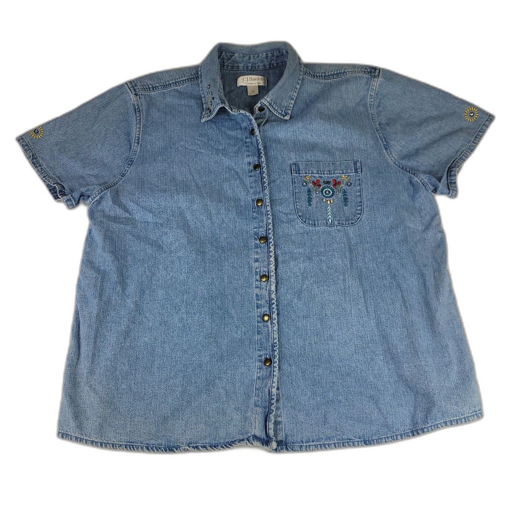 CJ Banks Short Sleeve Button Down Women's Denim Top with beaded Applique Size 2X