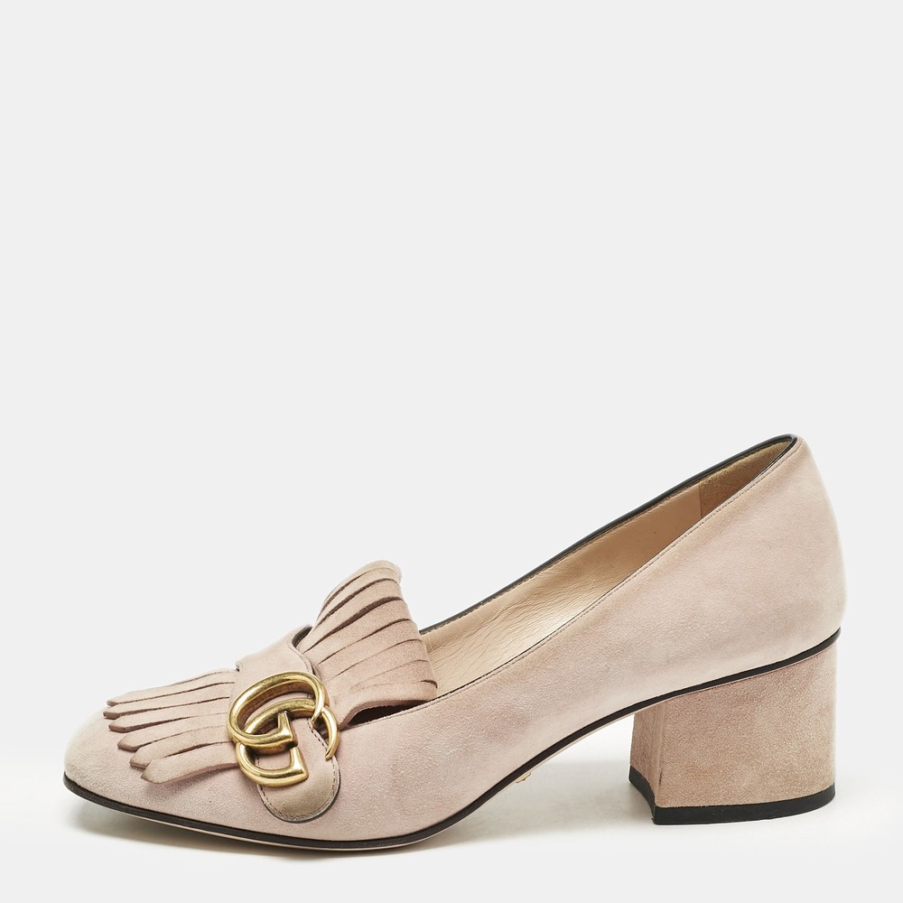 Gucci Light Pink Suede GG Marmont Fringe Pumps Size 36.5