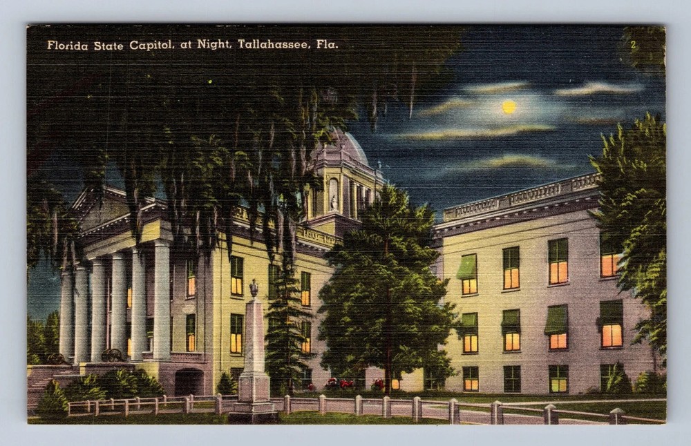 Tallahassee FL-Florida State Capitol At Night Vintage Postcard