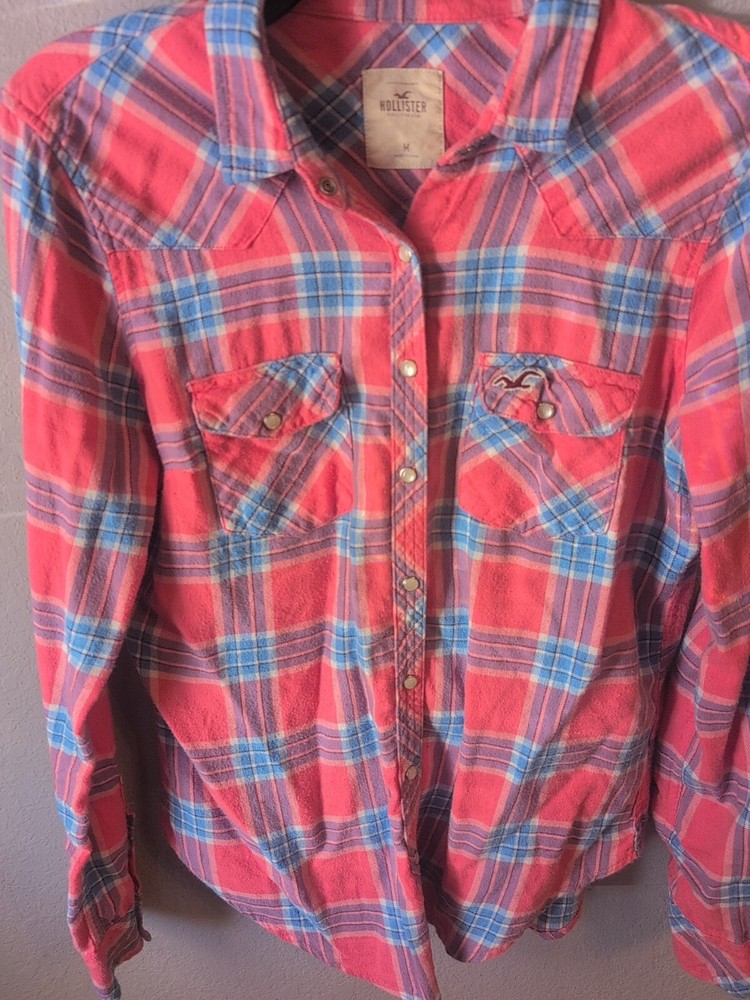 CAMISA HOLLISTER ROSA A CUADROS MANGA LARGA ABOTONADA MUJER TALLA MEDIANA