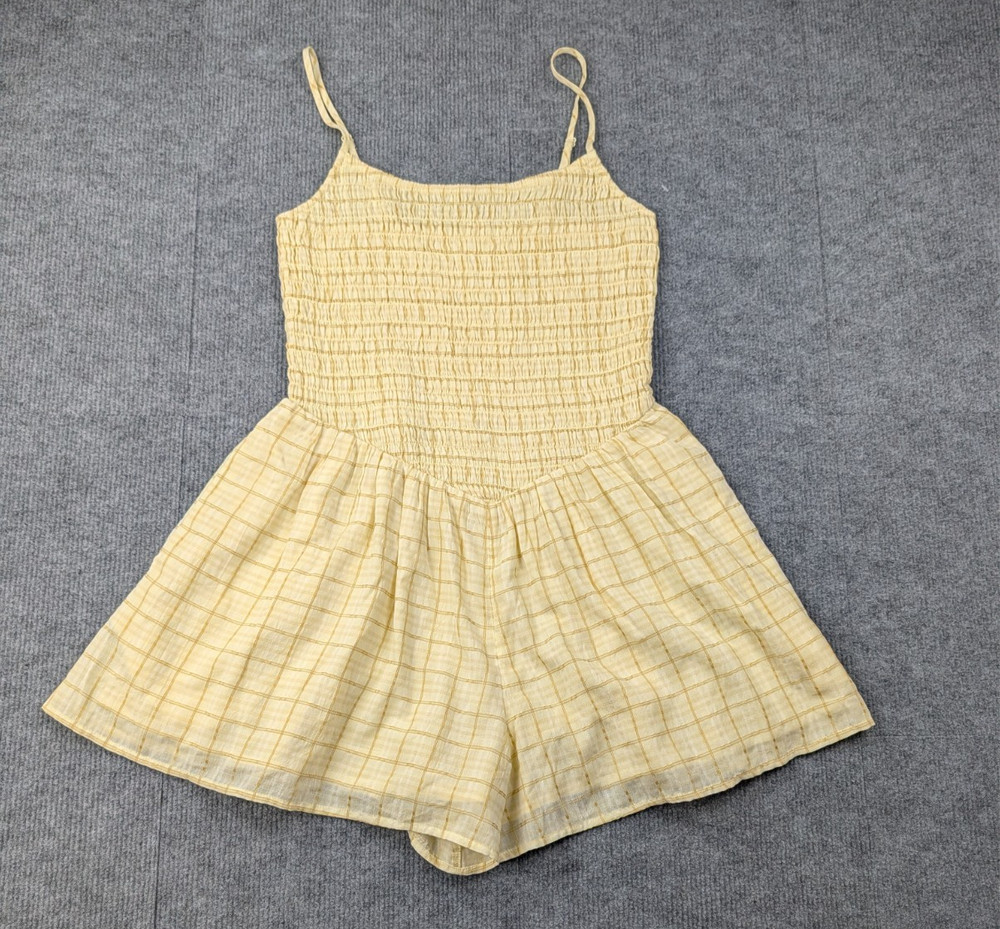 American Eagle Romper Womens Small Yellow Plaid Smocked Cottage Retro Flounce