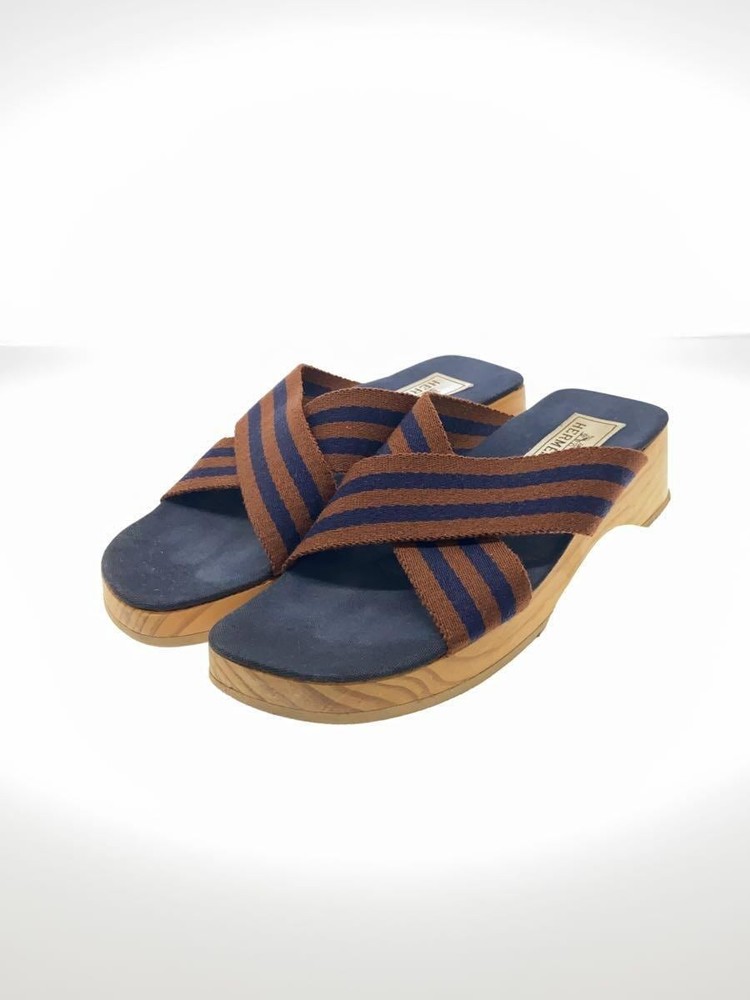 HERMES Navy Canvas Slip-On Sandals Wood Sole EU 38 Preowned