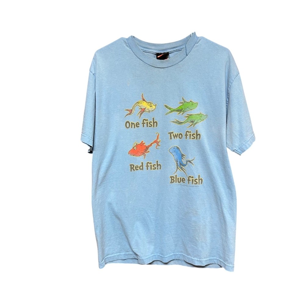 Dr. Seuss Graphic T-Shirt Mens L Light Blue One Fish Two Fish Vintage Y2K  2001