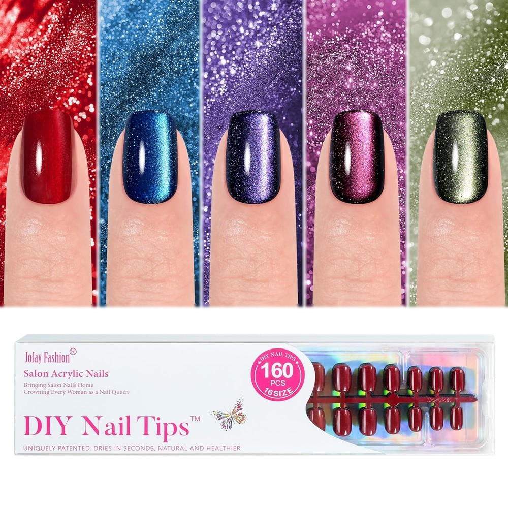 Cat Eye Press-On Nails Short 5 Styles 160Pcs Glitter Salon Fake Nails  