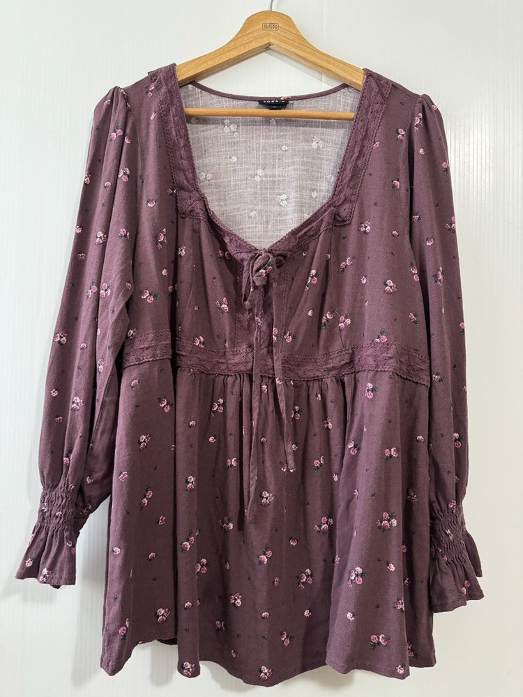 Torrid Women's Burgundy Floral Print Peplum Top Square Neck Lace Trim Size 2X