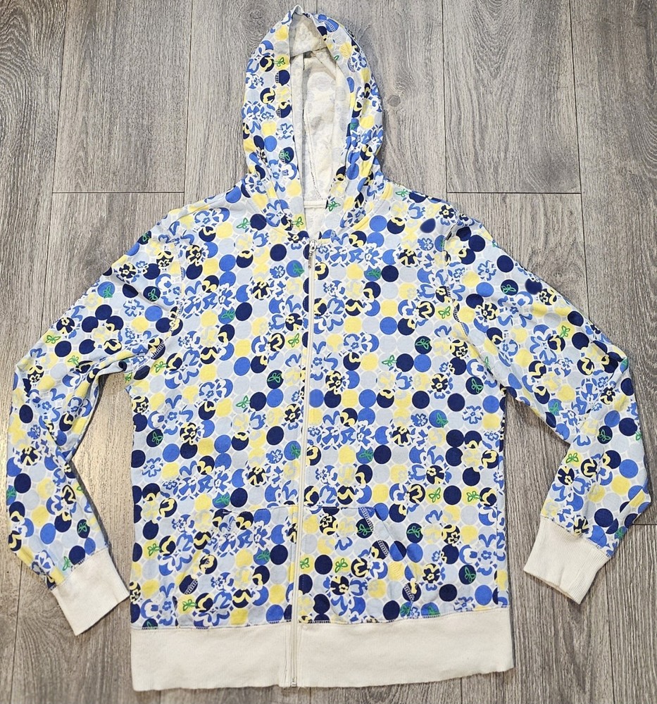 No Boundaries Juniors Women's Hoodie Zip Front White Blue Yellow Floral Sz Small