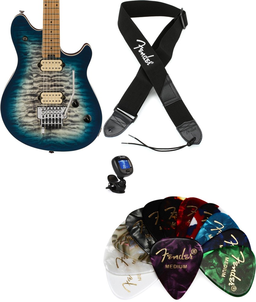EVH Nickel Strings Fender Guitar Strap Picks and Cable Bundle  