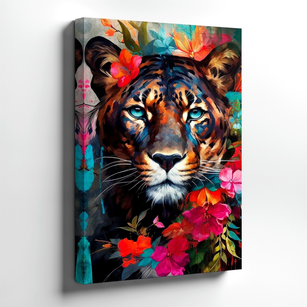Wall Art Colorful Tiger Face Floral Canvas Print Tropical Animal Poster Decor