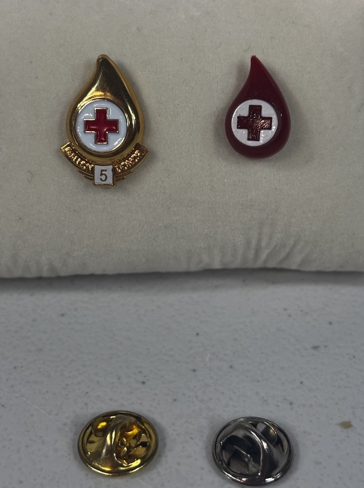 Gold Toned Metallic Red Cross  5 Gallon Blood Donor & Logo Lapel Pin