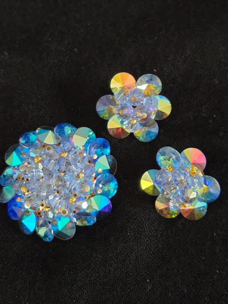 Vintage Aurora Borealis Rhinestone Brooch Earrings Set Juliana Style Blue AB Flo