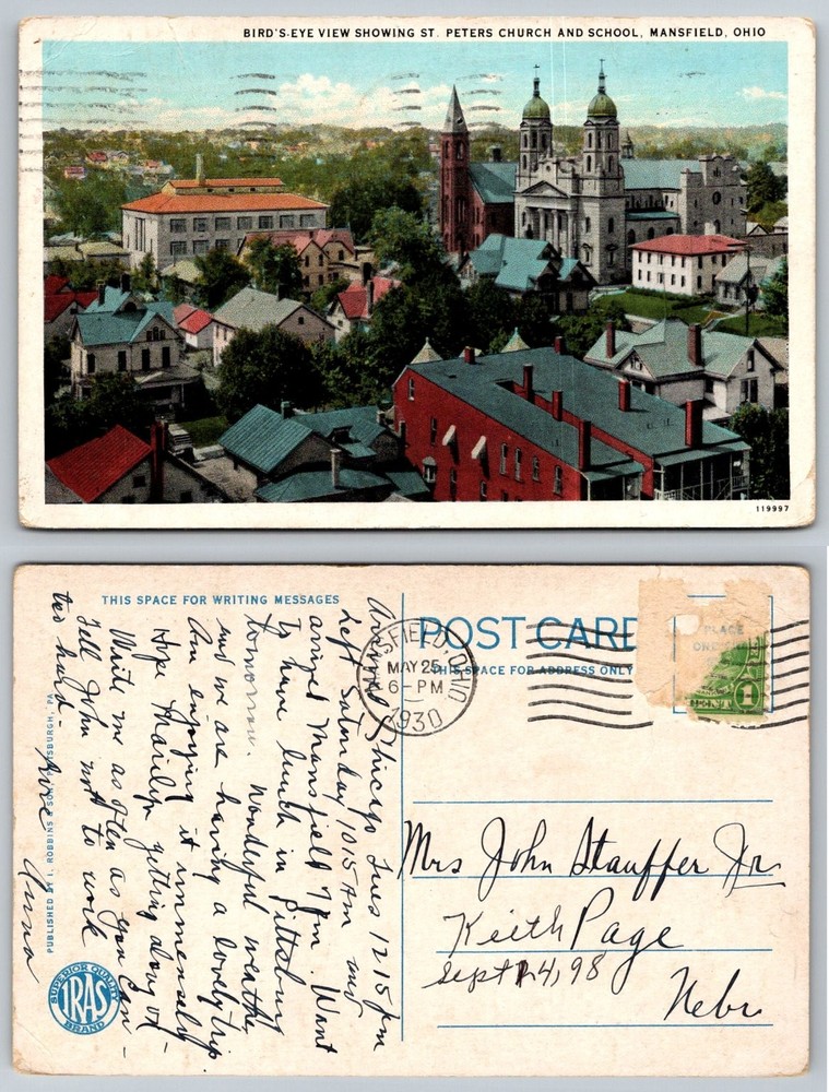 1930 Mansfield, Ohio - St. Peter's Church & School Bird's-Eye View Postcard
