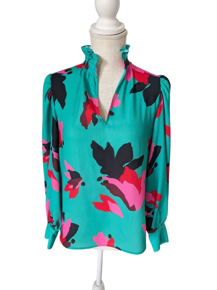 CROSBY By Mollie Burch Blouse Floral Green Pink Black ruffle v-neck top XS LS