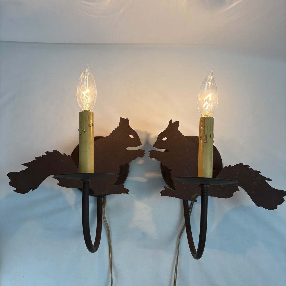 Rustic Metal Squirrel Silhouette Wall Sconce Light Fixture Hard Wire or Plug In