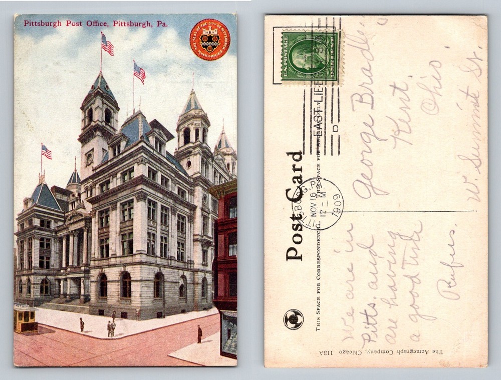 Pittsburgh, PA-Pennsylvania, Post Office Flags & Street Vintage c1909 Postcard
